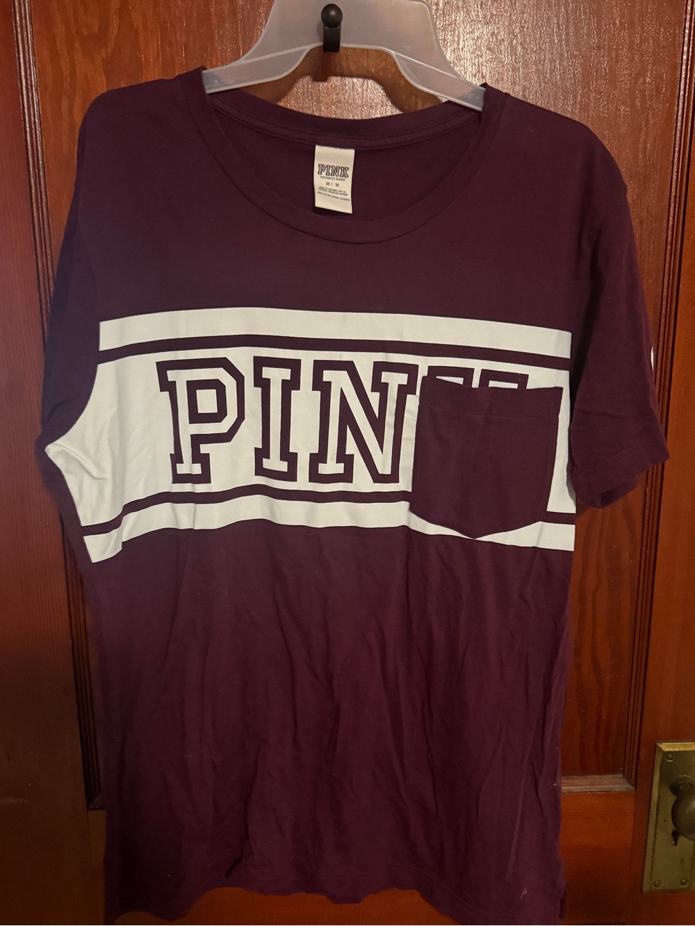 PINK Victoria's Secret Maroon Tee with White Stripe and Pocket